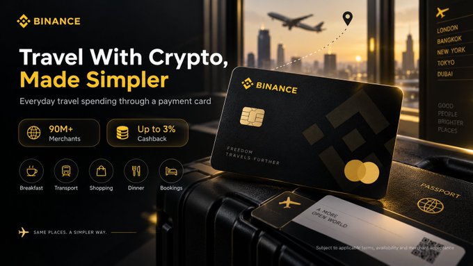 A promotional banner for Binance reads 'Travel With Crypto, Made Simpler' and features a black Binance Mastercard next to a passport and suitcase, listing cities like London, Bangkok, New York, Tokyo, and Dubai.