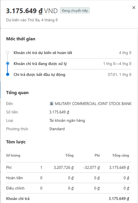 Vietnamese transaction receipt showing a payout of 3,175,649 đ to MILITARY COMMERCIAL JOINT STOCK BANK, dated Tuesday August 4th.