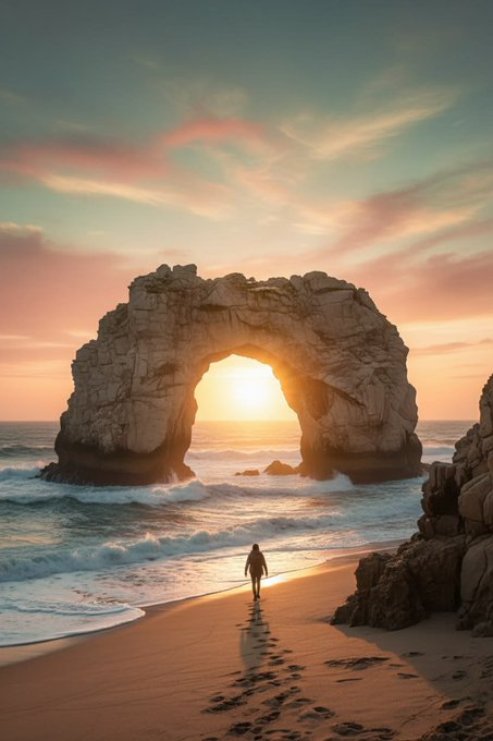 A scenic landscape shows a person walking on a sandy beach toward a large natural rock arch in the ocean, with the sun setting behind it.