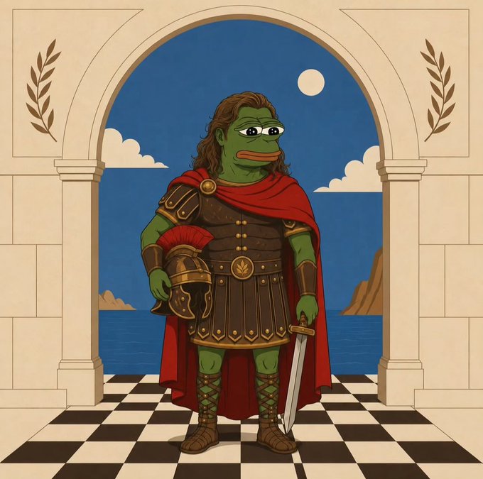 An illustration of Pepe the Frog styled as an ancient warrior, wearing Roman-style armor and a red cape, holding a helmet and sword while standing in an arched doorway with a sea view.