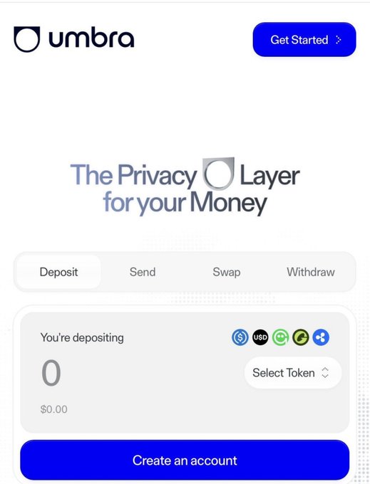 The Umbra website homepage featuring 'The Privacy Layer for your Money' and a crypto deposit interface.