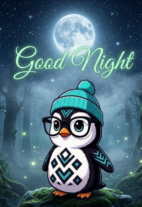 The image features a cartoon penguin wearing glasses and a hat sitting on some rocks under a full moon at night. The text "Good Night" is written above the penguin, and there are stars visible in the sky as well. The background of the image includes trees and a forest setting, creating an overall atmosphere of nighttime outdoors.

The post seems to be related to cryptocurrency or blockchain technology, as it mentions that Q-Day will bring "most wallets out there won't survive". This implies that the penguin is referring to Bitcoin or other cryptocurrencies, which are vulnerable to the vulnerabilities introduced by Q-Day. The image also includes a reference to quantum computers and their potential impact on the crypto world.