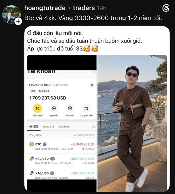 An Instagram-style screenshot from account 'hoangtutrade' shows Vietnamese text 'Btc về 4xk. Vàng 3300-2600 trong 1-2 năm tới' alongside a trading portfolio showing 1,709,237.68 USD with BTC, XAU/USD, and XAG/USD positions, and a photo of a man in a Louis Vuitton outfit holding a drink by the coast.