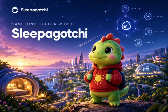 A promotional banner for 'Sleepagotchi' featuring a cute green dinosaur mascot in a red hoodie against a futuristic cityscape at sunset, with the tagline 'SAME DINO. BIGGER WORLD.'