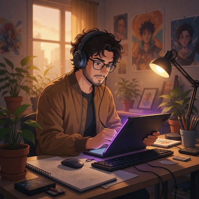 The image features a man sitting at a desk using his laptop while wearing headphones. The background includes several potted plants placed around the room, creating a cozy atmosphere. There are also some books scattered across the scene, suggesting that the man might be working on a project or studying. The image is related to a post about Quests and rewards in the form of a drawing by an artist named TheARCTERMINAL.