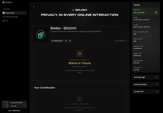 A Nuclus dashboard displays details for a Beldex ($50,000) airdrop campaign set to begin on July 29, 2026, listing contribution limits, scoring logic, and airdrop details.
