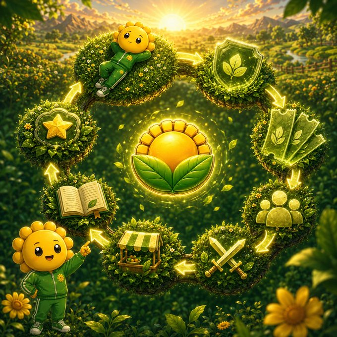 A vibrant illustrated game-like scene featuring a sunflower character, lush greenery, and various glowing nature-themed icons (star, book, shield, leaf cards, etc.) arranged in a circle.