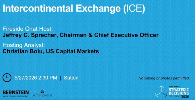 The image features a blue banner that displays information about an event called "Intercontinental Exchange (ICE)". The banner includes details such as the date, time, location, and speakers involved. There are also some logos present in the image, one of which is for Bernstein's Strategic Decisions.