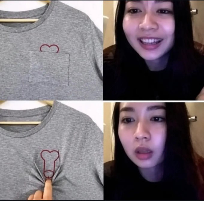 A four-panel split image showing a person demonstrating a small, hidden pocket on a gray shirt, with the pocket outline drawn in red and shown both flat and pulled open.