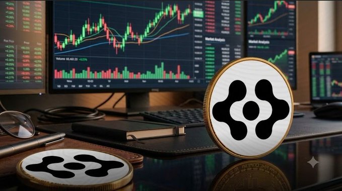 A gold Ripple (XRP) coin sits on a desk next to a laptop displaying cryptocurrency price charts and a leather wallet, with another XRP coin in the foreground.