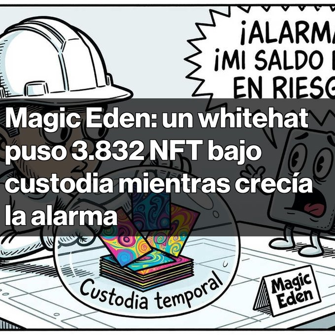 An illustrated graphic with Spanish text 'Magic Eden: un whitehat puso 3.832 NFT bajo custodia mientras crecía la alarma' depicting a construction worker and a shocked wallet character above an NFT box labeled 'Custodia temporal'.