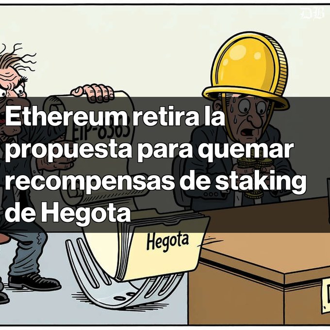A cartoon meme illustration showing a sweating worker in a yellow hard hat dropping a stack of papers labeled 'Hegota' onto a desk, with Spanish text overlaid: 'Ethereum retira la propuesta para quemar recompensas de staking de Hegota'.
