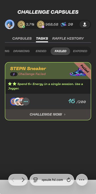 The image shows a phone screen with an app icon, which appears to be a game or challenge. The main focus of the image is a message that reads "Challenge capsules failed", indicating that the user has encountered difficulties completing the challenge. The text also mentions that the user will open another challenge and participate on this one.