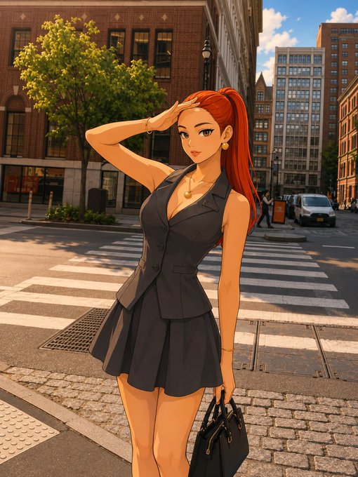 An anime-style illustration of a red-haired woman in a black vest and skirt holding a handbag, standing on a city street near a crosswalk.