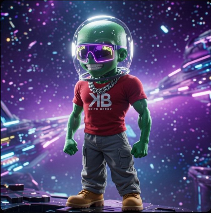 This image features a stylized green alien character wearing a red shirt with "KB KEITH BERRY" and "KUSH LINGS" sunglasses, likely promoting a giveaway of cryptocurrencies like Ethereum.