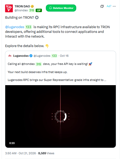 A screenshot of a TRON DAO post discusses Luganodes making its RPC infrastructure available to TRON developers, with an embedded video and visible post text.
