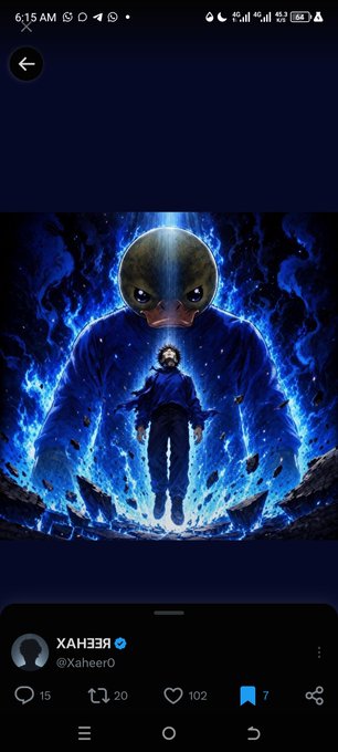 A Twitter/X post by @Xaheer0 (XAH330) featuring anime-style artwork of a character surrounded by blue flames with a large ominous face looming in the background.
