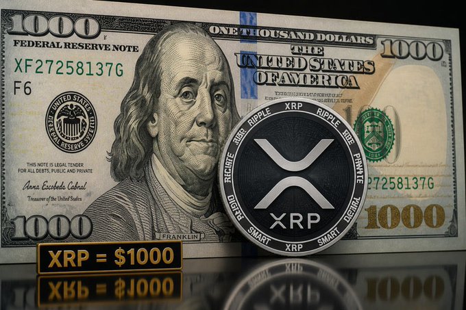 A $1000 bill featuring Benjamin Franklin is overlaid with an XRP (Ripple) cryptocurrency coin, while a banner below reads "XRP = $1000," visually illustrating the speculative question of whether XRP's price could ever reach $1000.