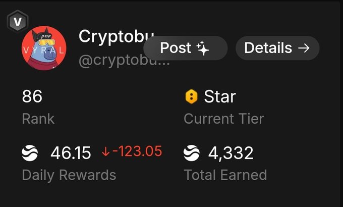 The image shows a screenshot of a social media post page featuring a cryptocurrency user's profile. The post has a title, "It'S time to recharge legends Let'S call it night Still building and stacking up $RIVER points Bridging token onchain suppose to be a seamless experience and @River4fun is making that happen DeFi never seen before." 
The image highlights the various rewards such as daily rewards and star ranking. The image also has multiple stars next to certain words, possibly indicating achievements or accomplishments related to the cryptocurrency world.