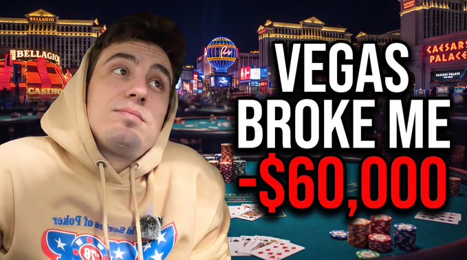A young man in a beige hoodie looks distressed next to bold text reading "VEGAS BROKE ME -$60,000" against a Las Vegas Strip backdrop featuring the Bellagio and Caesars Palace, visually capturing his story of losing $60,000 at the WSOP—which he references to promote his video and $1,000 giveaway.
