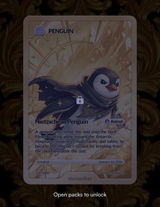 The image features a penguin card with a lock symbol, which indicates that the card has been locked for sale or exchange. The card also includes information about the penguin's origin and its value as an open pack. The text on the card reads "Happy to announce $PENGUIN is part of memecoin packs on Moonshot". This suggests that the penguin card is a collectible item, possibly related to the game or the Pokémon universe in general.