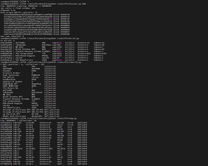A Linux terminal screen displays scrolling output from a Python script scraping NFT data, showing token IDs, rarities, traits like background colors, and trait counts.