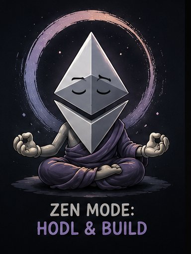 A digital illustration of an Ethereum logo character meditating in a lotus pose wearing purple robes, with the text 'ZEN MODE: HODL & BUILD' against a cosmic background.