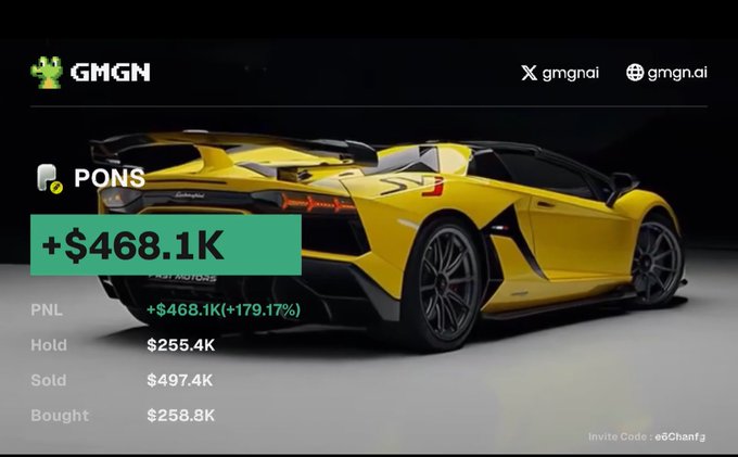 The image displays a GMGN portfolio tracker showing the token $PONS with a yellow Lamborghini Aventador in the background, highlighting a +$468.1K (+179.17%) gain, a $255.4K holding value, $497.4K sold, and $258.8K bought — visually reinforcing the post's claim of massive profits and bag-holding success on $PONS.