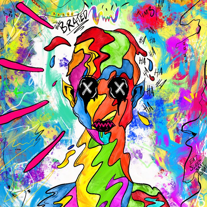 A colorful graffiti-style digital artwork of a distorted face with X-shaped eyes, surrounded by vibrant paint splatters and text including "BRATED" and "HA HA HA."