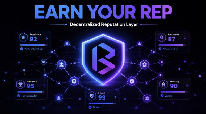 The image features a graphic design with a shield-like shape, surrounded by blue lines that connect various icons representing different aspects of Web3 technology or cryptocurrency. The text "Earn Your Rep" is displayed above the shield, while the words "decentralized reputation layer" are written below it. The background of the image is black and filled with small white dots, creating a sense of depth and complexity.