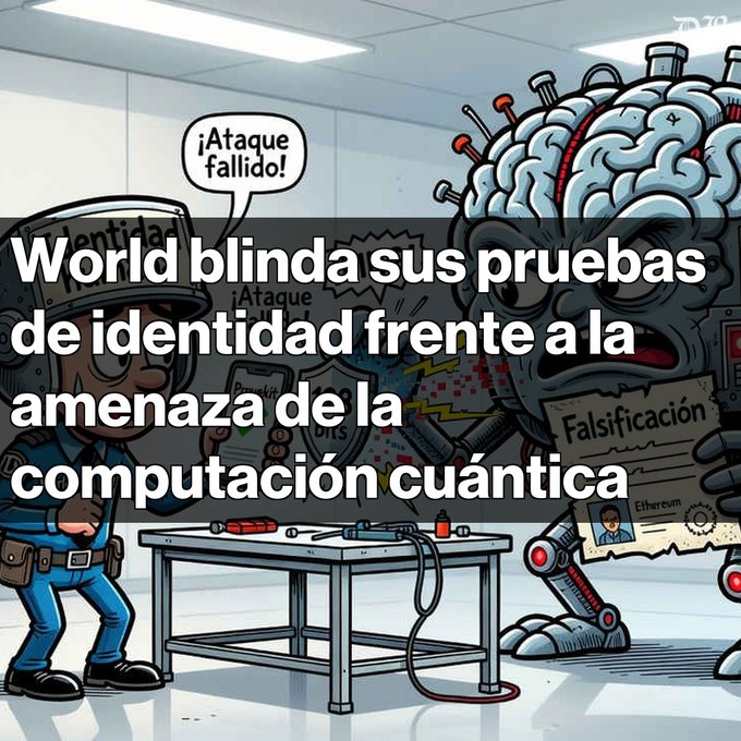 Meme image with a cartoon soldier saying "¡Ataque fallido!" facing a robotic creature labeled "Falsificación," with overlay text in Spanish: "World blinda sus pruebas de identidad frente a la amenaza de la computación cuántica."