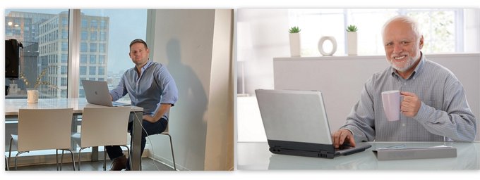 A side-by-side advertisement showing a younger man and an older man both using laptops at modern desks, suggesting a product suitable for different ages.