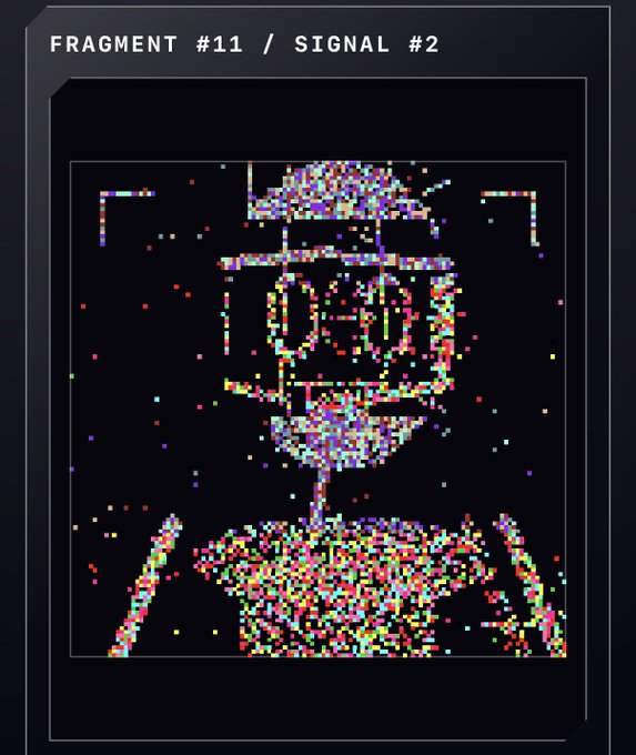 A pixelated, glitch-art portrait labeled 'FRAGMENT #11 / SIGNAL #2' depicts a figure with a wide-brimmed hat rendered in colorful, scattered squares against a dark background.