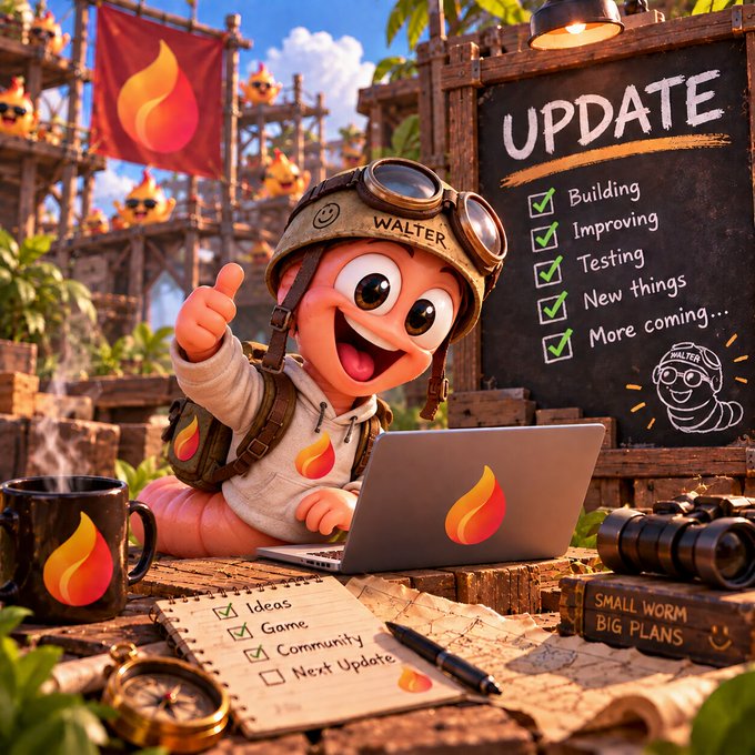 A 3D-rendered cartoon worm character named 'WALTER' wearing goggles and working on a laptop, surrounded by an 'UPDATE' checklist including 'Building', 'Improving', and 'Testing', along with 'SMALL WORM BIG PLANS' text.