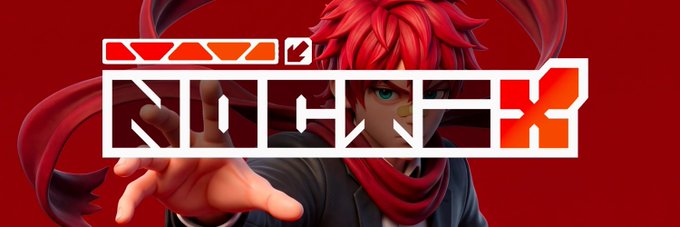 Promotional artwork for 'Kickoff X' featuring an anime-style character with red hair and a red scarf reaching forward, set against a dark red background.