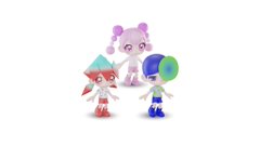 A small collection of toy figurines is displayed, including a translucent pink bear-like character and two small elf figures with pointed ears.