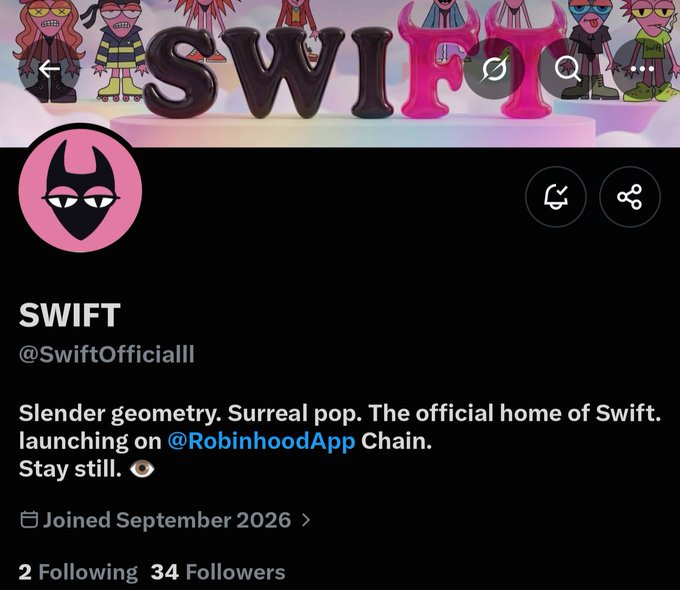 The image shows a social media profile for "SWIFT" (@SwiftOfficialll), featuring a pink devil icon, surreal artwork, and a bio stating "Slender geometry. Surreal pop. The official home of Swift. launching on @RobinhoodApp Chain." The account joined in September 2026 and has 34 followers. The caption relates to the post by confirming this is the Robinhood Chain launch profile being watched early, tying together the @SwiftOfficialll account and the Robinhood connection mentioned in the accompanying text.