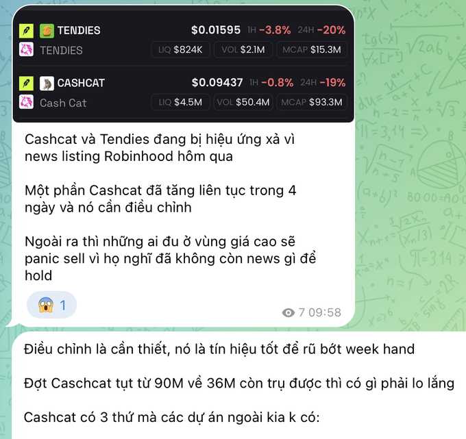 A Telegram message showing crypto data for TENDIES and CASHCAT, with Vietnamese text discussing price corrections and panic selling after Robinhood listing news.