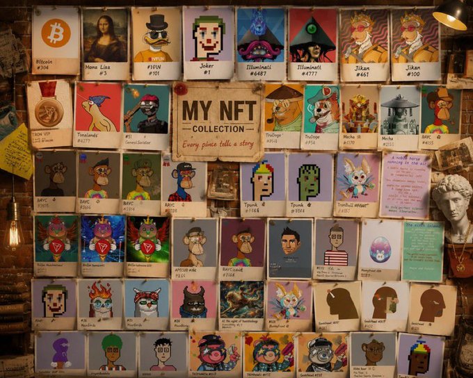 A wall display labeled "MY NFT COLLECTION: Every piece tells a story" showcases numerous NFT cards featuring Bitcoin (#304), Mona Lisa #3, Frown #101, Joker #1, and various pixel-art, monkey (BAYC), and PFP collections (#447, #4777, #465, #100), visually echoing the post's message about AINFT preserving each collector's unique blockchain story.