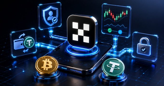 A digital 3D illustration displays various cryptocurrency and fintech icons, including Bitcoin (BTC), Tether (USDT), trading charts, a security shield, and a lock symbol, all connected with glowing blue circuitry.
