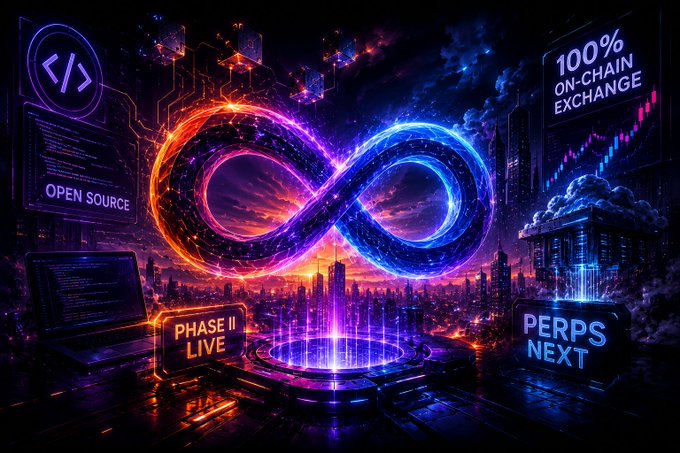 A futuristic digital art piece featuring a glowing neon infinity symbol with 'OPEN SOURCE', '100% ON-CHAIN EXCHANGE', 'PHASE II LIVE', and 'PERPS NEXT' text overlays in a cyberpunk cityscape.