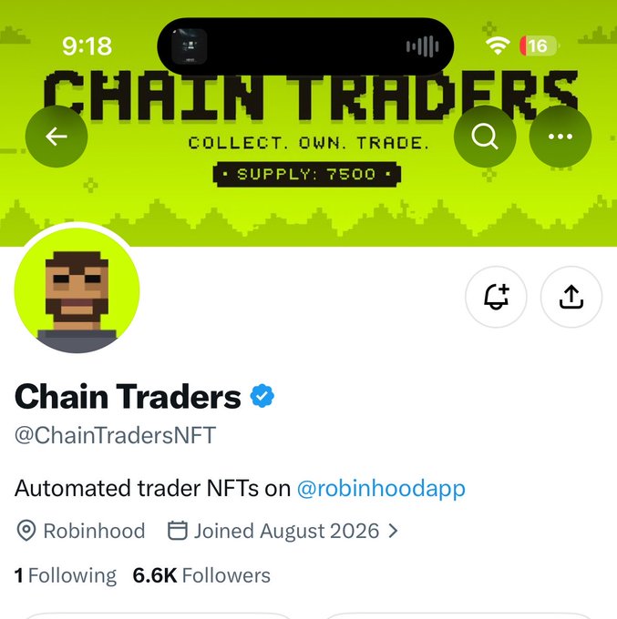 A Twitter/X profile page for 'Chain Traders' (@ChainTradersNFT), an automated trader NFT project on Robinhood with 6.6K followers, featuring a pixelated pixel-art banner stating 'CHAIN TRADERS COLLECT. OWN. TRADE. SUPPLY: 7500'.