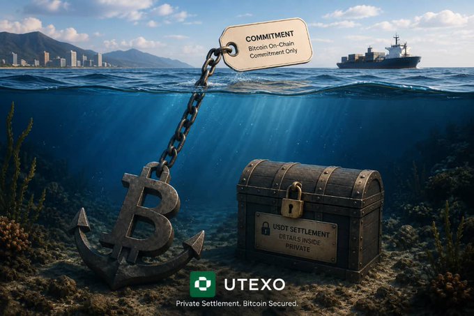 Promotional image for UTEXO featuring an underwater scene with a Bitcoin anchor, a treasure chest labeled 'USDT SETTLEMENT DETAILS INSIDE PRIVATE,' and a tag reading 'COMMITMENT Bitcoin On-Chain Commitment Only.'
