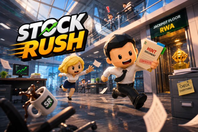 The image shows a vibrant 3D promotional graphic for the "Stock Rush" game, featuring two cartoon characters—a blonde woman in business attire and a man in a white shirt and tie—racing through a corporate office environment while holding a folder labeled "HINT DOCUMENT" stamped "CONFIDENTIAL." Visible text includes "STOCK RUSH," "JACKPOT FLOOR RWA," and "CHECK EVERYTHING!"—perfectly illustrating the post's description of players racing through a corporate tower, searching for the Hint Document to advance the game.