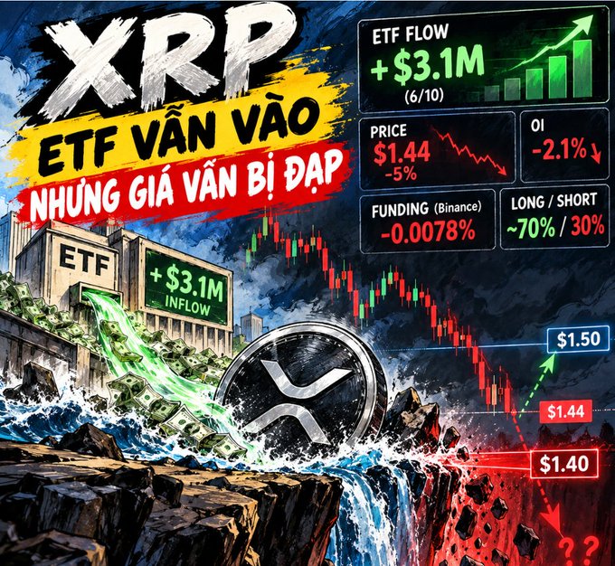 Vietnamese-language crypto graphic about XRP showing ETF inflows of +$3.1M but a price drop of -5% to $1.44, with the text 'XRP ETF VẪN VÀO NHƯNG GIÁ VẪN BỊ ĐẠP'.