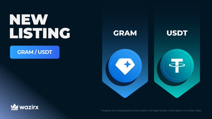 The image depicts a graphic design featuring two arrows pointing in opposite directions, with one arrow pointing to a blue circle labeled "GRAM" and another arrow pointing to a green circle labeled "USDT". Below these arrows are bullet points explaining what each item is for trading. The text indicates that trading on WazirX involves buying, selling, or trading both GRAM/USDT coins in the Cryptocurrency market of WazirX!