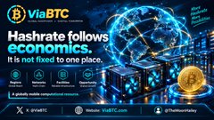 An advertisement graphic for 'ViaBTC' with the headline 'Hashrate follows economics' and the tagline 'It is not fixed to one place.' It features a globe graphic with glowing data nodes and various service icons.