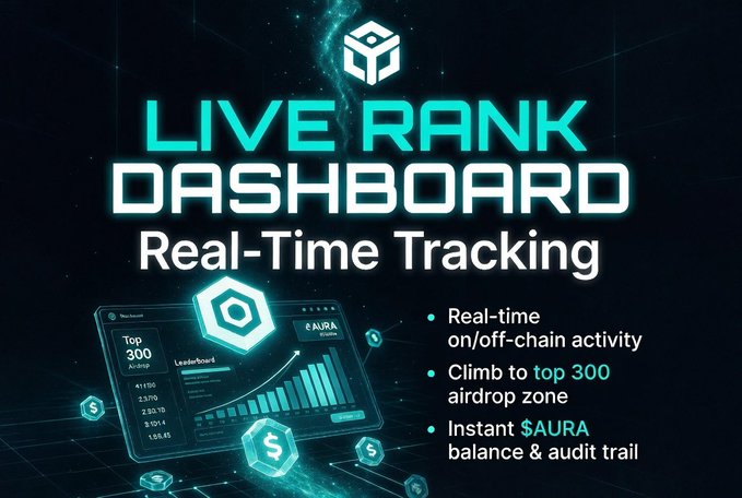 An advertisement for a "LIVE RANK DASHBOARD" with real-time tracking features for $AURA, including on/off-chain activity, a top 300 airdrop zone, and instant balance audits.