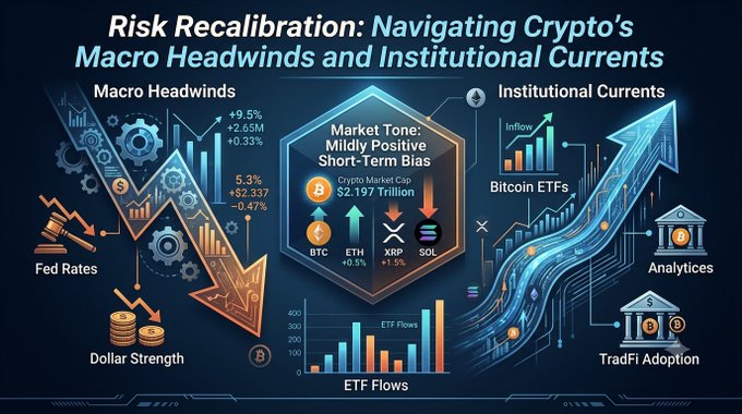 An infographic titled 'Risk Recalibration: Navigating Crypto's Macro Headwinds and Institutional Currents' displays market data, showing a mildly positive market tone with crypto market cap at $2.197 trillion, alongside stats on BTC, ETH, XRP, SOL, Fed Rates, ETF Flows, and Bitcoin ETFs.