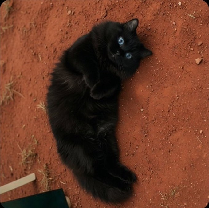 A fluffy black kitten with bright blue eyes lying on red dirt, looking up at the camera.